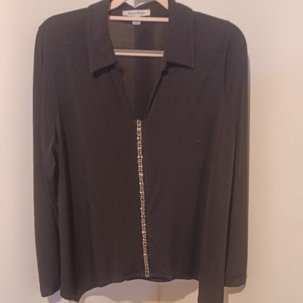 Studio Works Black Vertical Bling Striped Collared Dressy V Neck Top XL